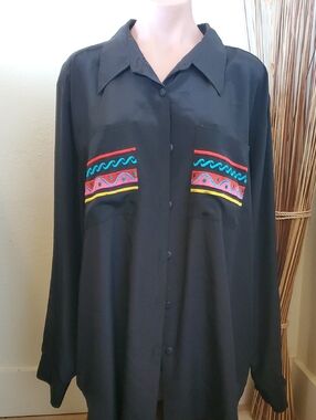 Maggie Barnes Black Button-Down Shirt with Multicolor Embroidered Pocket Accents